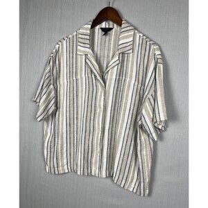 Banana Republic Womens L Boxy Linen Blouse Cropped Striped Button Down Coastal